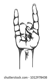 Gesture. Rock sign. Hand with index and little finger up in form of horns. Vector illustration in sketch style isolated on a white background. Rock festival poster. Rock-n-roll hand gesture. 