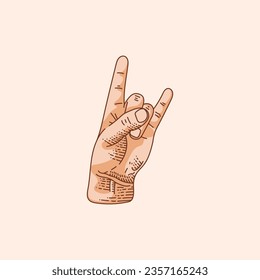 Gesture. Rock sign. Stylized hand with index and little finger up in form of horns. Illustration isolated on brown background. Icon. Making rock-n-roll sign by hand. skin brown silhouette.