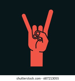 Gesture. Rock sign. Stylized hand with index and little finger up in form of horns. Vector illustration isolated on dark background. Icon. Making rock-n-roll sign by hand. Orange-red silhouette. Icon.