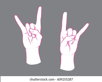 Gesture. Rock sign. Two female hands with index and little finger up in form of horns. Vector illustration in sketch style isolated on a grey background. Pink lines and white silhouette.