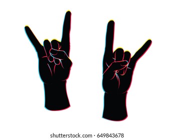 Gesture. Rock sign. Two female hands with index and little finger up. Vector illustration in sketch style with bias color effect on white background. Rock-n-roll. Offset red, blue, yellow silhouettes.