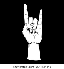 Gesture. Rock sign vector. Illustration in sketch style on a black background. Making rock-n-roll sign. White lines, black and white