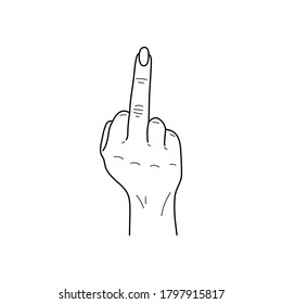 Gesture. Rude sign. Woman hand with middle finger up. Vector illustration in sketch style isolated on a white background. Making aggression signal by hands. Fuck off.