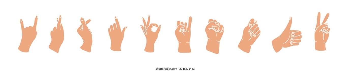 Gesture set. Cartoon hands. Illustration of hands showing different gestures. Hand drawn. Doodle hands. Vector clipart.