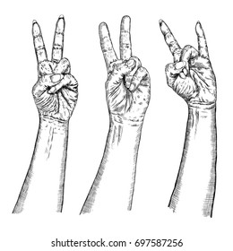 Gesture set. Female and male hands showing different signs. Woman and man sketch style wrists making signals by fists. Various interpretations of power, freedom, riot, revolution and victory. Vector.