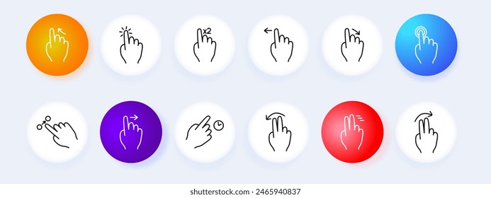 Gesture set icon. Double tap, swipe left, swipe right, hold, pinch, rotate, zoom, double finger swipe, single finger swipe. User interface, touchscreen concept.