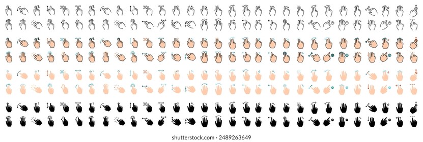 Symbol für Gestensatz. Wischen, tippen, doppelklicken, drehen, kneifen, zoomen, scrollen, Geste, Touchscreen, Interaktion, Benutzeroberfläche, Handbewegung, Multitouch, Geste, Wischen, kneifen, steuern