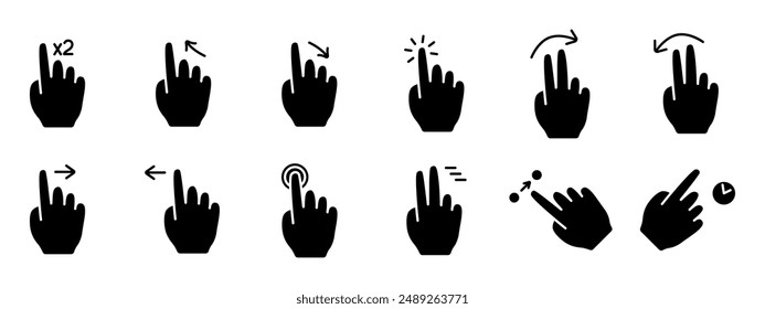 Gesture set icon. Swipe, tap, doubleclick, rotate, pinch, zoom, scroll, gesture, touchscreen, interaction, user interface, hand movement, multitouch, gesture, swipe, pinch, control