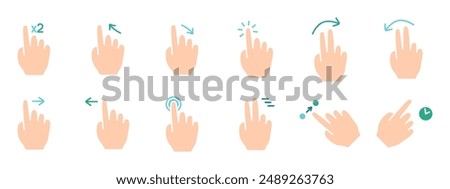 Gesture set icon. Swipe, tap, doubleclick, rotate, pinch, zoom, scroll, gesture, touchscreen, interaction, user interface, hand movement, multitouch, gesture, swipe, pinch, control