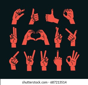 Gesture set. Stylized hands showing different signs. Vector illustration on dark background. Making signals by hands. Orange-red silhouette. Various interpretations. Icons.
