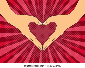 Gesto en forma de corazón. Ilustración de arte pop vectorial vintage 