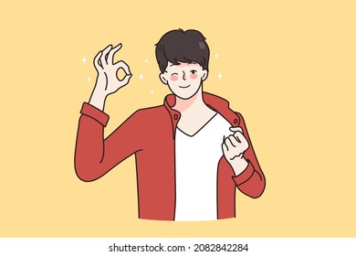 Señal de gesto y concepto de buena suerte. Joven con camisa roja parado y mostrando el signo correcto con las manos en la ilustración vectorial 