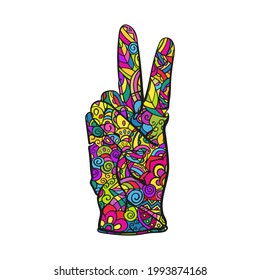 A gesture as a sign of the victory of the world. Hand drawing gloves isolated on white background. Bright vector doodles.