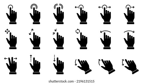 Gesture Slide Slide Links und Rechts Black Piktogramm. Hand Finger Touch, Schwipe und ziehen Silhouette Symbol Set. Pinch Screen, Rotate Up on Screen Icon. Einzelne Vektorgrafik.