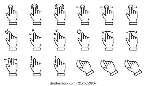 Symbolsatz für die rechte und linke Linie der Gesture Slide Slide. Hand Finger Touch, Swipe und ziehen Linear Piktogramm. Pinch Screen, Rotate Up on Screen Outline Icon. Bearbeitbarer Stroke. Einzelne Vektorgrafik.