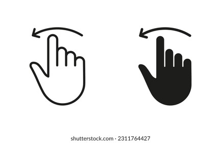 Gesture Slide, Swipe Left Symbol Collection on White Background. Hand Finger Drag Left Line and Silhouette Black Icon Set. Pinch Screen, Rotate Touch Screen Pictogram. Isolated Vector Illustration.