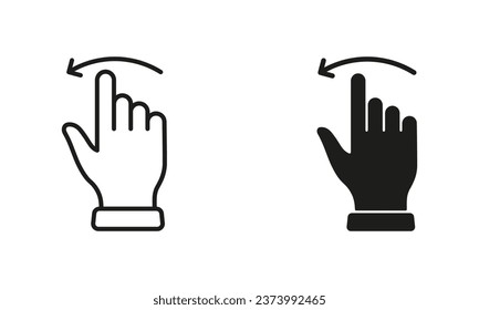 Diapositiva Gesture, Colección de símbolos Swipe Left en fondo blanco. Línea izquierda del dedo de la mano y conjunto de iconos negros de la silueta. Pantalla Pinch, Pictograma de pantalla táctil Rotate. Ilustración de vectores aislados.