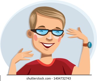 Gesture of a smiling young man with glasses.