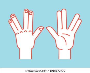 Gesture. Spock sign. Vulcan greet. Stylized hand for geek hand game. Icon. Vector illustration on a blue background. Orange lines and white silhouette. Element for your design.