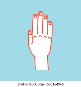 Gesture. Stop sign. Stylized hand with all fingers up and connected. Vector illustration on blue background. Icon. Making attention sign by hand. Orange outline, white silhouette. Backhand. Logo.