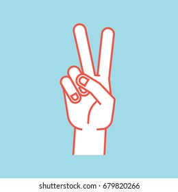 Gesture. Stylized hand in the form of V letter. Victory. Icon. Vector illustration on a blue background. Index and middle fingers up. Making peace sign. Orange lines, white silhouette.