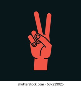 Gesture. Stylized hand in the form of V letter. Victory. Icon. Vector illustration on dark background. Index and middle fingers up. Making peace sign. Orange-red silhouette.