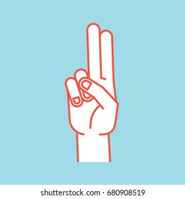 Gesture. Stylized hand with index and middle finger connect and up. Icon. Vector illustration on a blue background. Making promise sign by hands. Orange lines and white silhouette. Logo. Print.