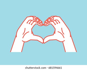 Gesture. Stylized hands in the form of heart. Icon. Vector illustration on a blue background. Making love sign by hands. Orange lines and white silhouette. Logo. Print. Design.