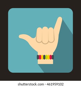 Gesture surfer icon in flat style with long shadow. Greeting symbol
