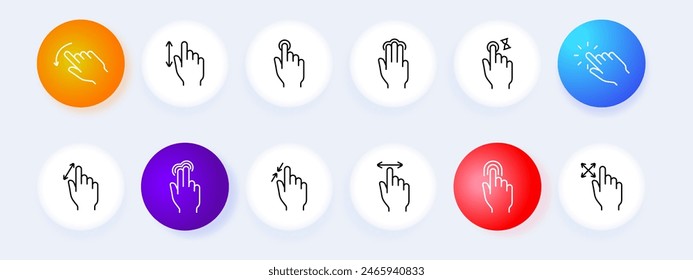 Gesture swipe set icon. Swipe down, tap, hold, double tap, up, zoom, swipe right, left, pinch, rotate. User interface, touchscreen concept.