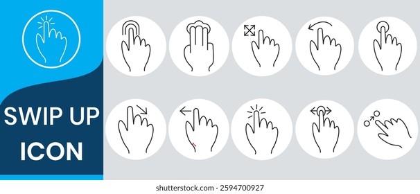 Gesture swipe set icon. Pointing hand gestures isolated vector icon set. Touch, point, click, press, swipe left and right, swipe up and down hand gesture clipart element. Pointer cursor sign.