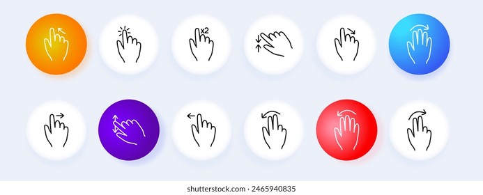 Gesture swipe set icon. Swipe up, double tap, drag, pinch, down, rotate, right, swipe left, zoom, rotate, swipe up. User interface, touchscreen concept.