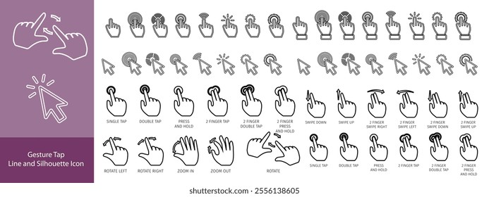 Gesture Tap Line and Silhouette Icon Set. Swipe Hand Finger Touch and Drag Linear, Glyph Pictogram. Pinch Screen, Rotate Up Down on Screen Outline Icon. Gesture Slide. Isolated Vector Illustration