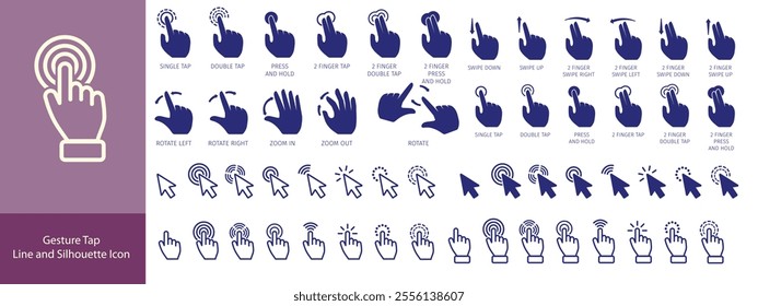 Gesture Tap Line and Silhouette Icon Set. Swipe Hand Finger Touch and Drag Linear, Glyph Pictogram. Pinch Screen, Rotate Up Down on Screen Outline Icon. Gesture Slide. Isolated Vector Illustration