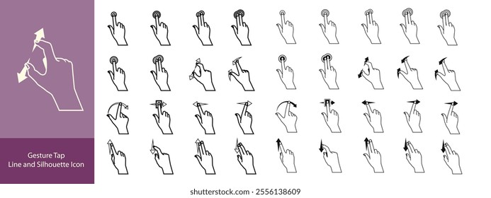 Gesture Tap Line and Silhouette Icon Set. Swipe Hand Finger Touch and Drag Linear, Glyph Pictogram. Pinch Screen, Rotate Up Down on Screen Outline Icon. Gesture Slide. Isolated Vector Illustration