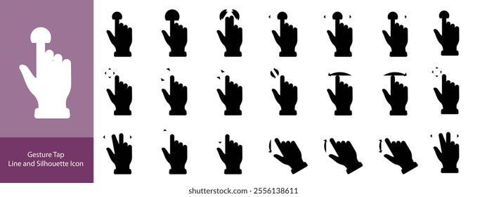 Gesture Tap Line and Silhouette Icon Set. Swipe Hand Finger Touch and Drag Linear, Glyph Pictogram. Pinch Screen, Rotate Up Down on Screen Outline Icon. Gesture Slide. Isolated Vector Illustration