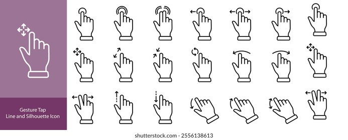 Gesture Tap Line and Silhouette Icon Set. Swipe Hand Finger Touch and Drag Linear, Glyph Pictogram. Pinch Screen, Rotate Up Down on Screen Outline Icon. Gesture Slide. Isolated Vector Illustration