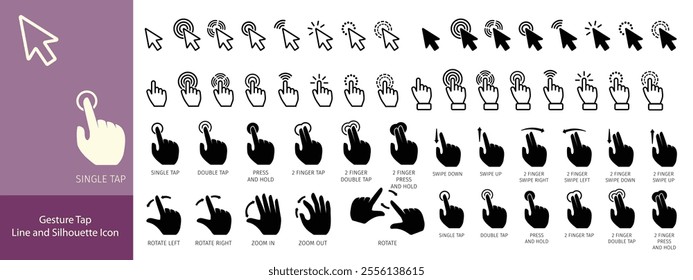 Gesture Tap Line and Silhouette Icon Set. Swipe Hand Finger Touch and Drag Linear, Glyph Pictogram. Pinch Screen, Rotate Up Down on Screen Outline Icon. Gesture Slide. Isolated Vector Illustration