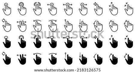 Gesture Tap Line and Silhouette Icon Set. Swipe Hand Finger Touch and Drag Linear, Glyph Pictogram. Pinch Screen, Rotate Up Down on Screen Outline Icon. Gesture Slide. Isolated Vector Illustration.