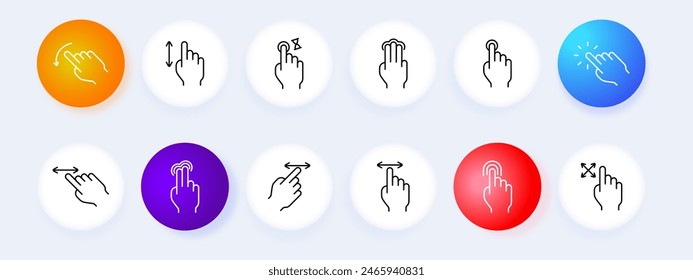 Icono de conjunto de toques de gestos. Toque, toque doble, deslice, presione largo, desplácese, pellizque, zoom, girar, extender, gesto. Interfaz de usuario, concepto de pantalla táctil.