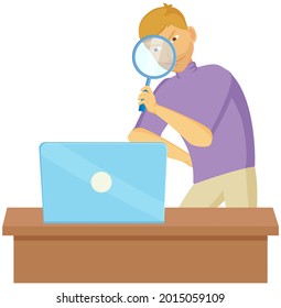 Gesture that boys see magnifying glass. Cunning guy holding loupe, looking for something in laptop, planned something amiss. Young man standing holding magnifier, looking for something and watching