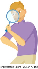 Gesture that boys see magnifying glass. Cunning guy holding loupe, planned something amiss. Young man standing holding magnifier, looking for something and watching isolated on white background