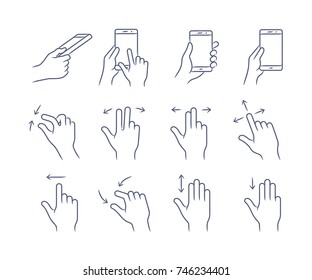 Gesture touch icons for a mobile application manual. User interface gesture icon set