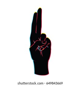 Gesture. Two female hands with index, middle finger connect and up. Vector illustration in sketch style with bias color effect on white background. Promise sign. Offset red, blue, yellow silhouettes.