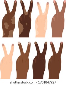 Gesture of two fingers (peace). Different types and colors of skin