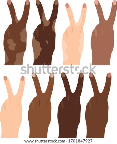 Gesture of two fingers (peace). Different types and colors of skin
