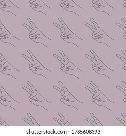 Gesture with two fingers seamless pattern. Silhouette contour on a pastel purple background. Victory hand sign. Designed for textile, wrapping paper, fabric print. Vector illustration.