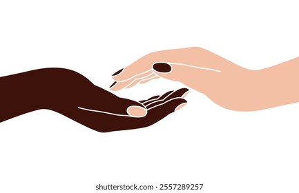 Gesture of the two hand with different color skin outstretched to each other. Sign isolated on white background. Vector illustration