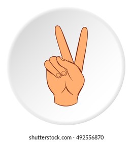 Gesture victoria icon in cartoon style on white circle background. Gestural symbol vector illustration