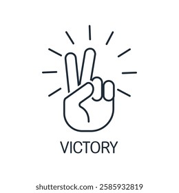 Gesture of victory with sparkles. Vector linear icon isolated on white background.